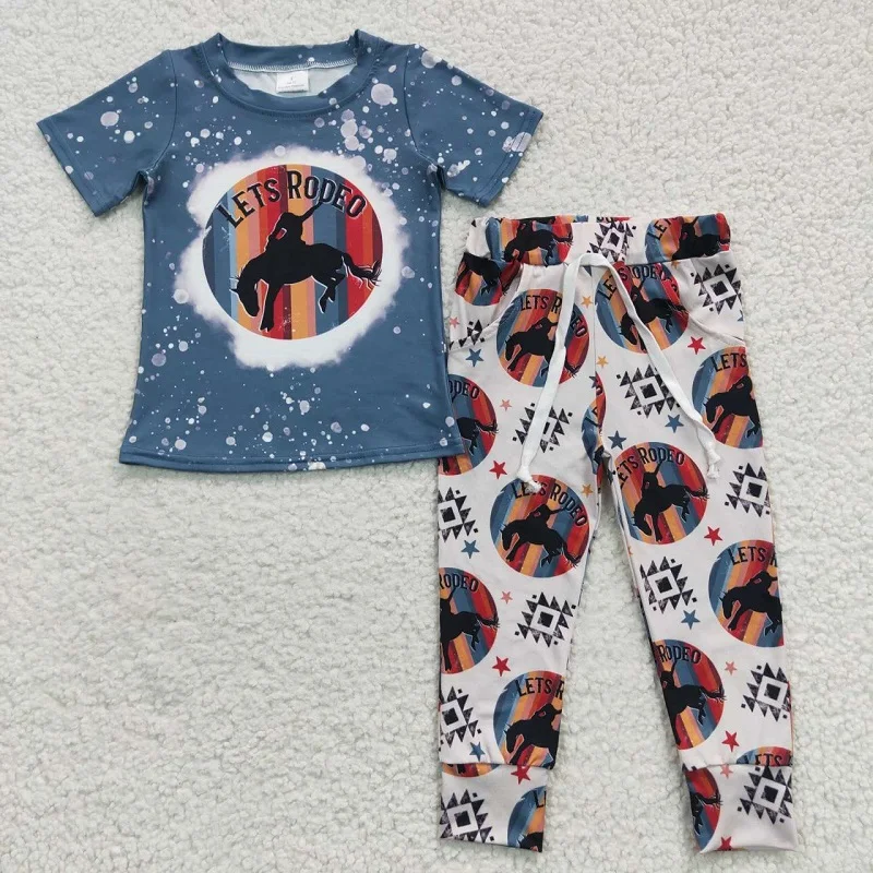 

Western Toddler Boys Cactus Bullhead Brown Pocket Lets Rodeo Riding Aztec Short Sleeve Beige Pantsuit Boutique Kids Set