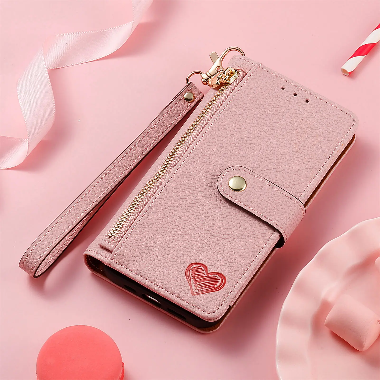 Wallet Leather Flip Case for Samsung Galaxy A43 A34 A54 A14 A13 A24 F14 M14 M54 A53 A73 A33 A52 A72 Love Heart Zipper Bag Cover