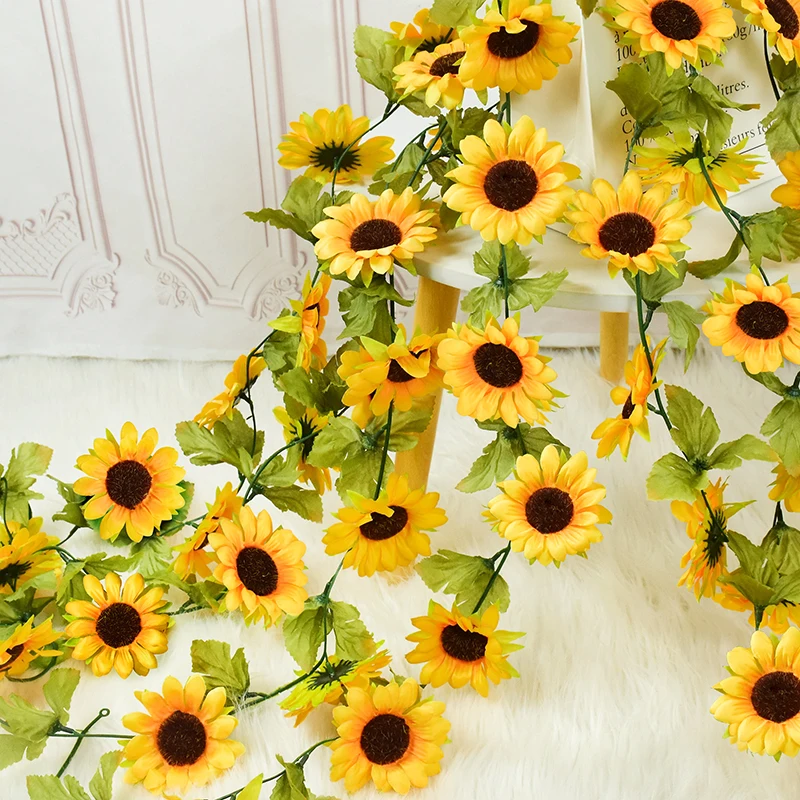 

Artificial Yellow Sunflower Garland Fake Flower Vine With Green Leaves Wedding Floral Arch Decor Home Garden Fences Decorations