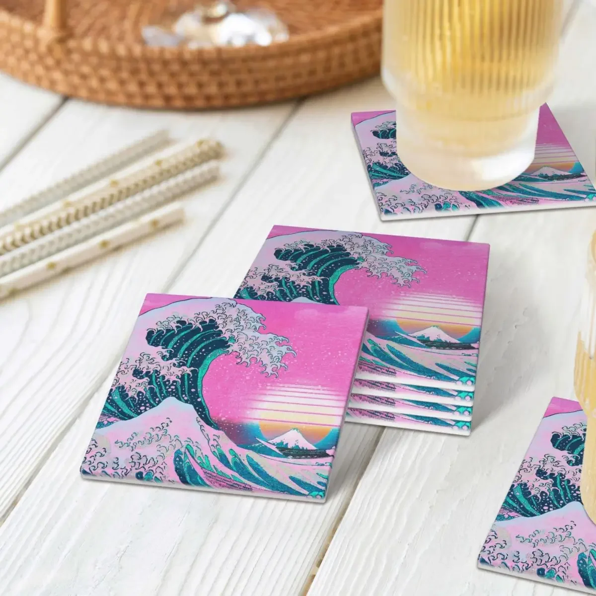 Эстетика Vaporwave Great Wave Off Kanagawa Ретро Закат подставка керамический термостойкий