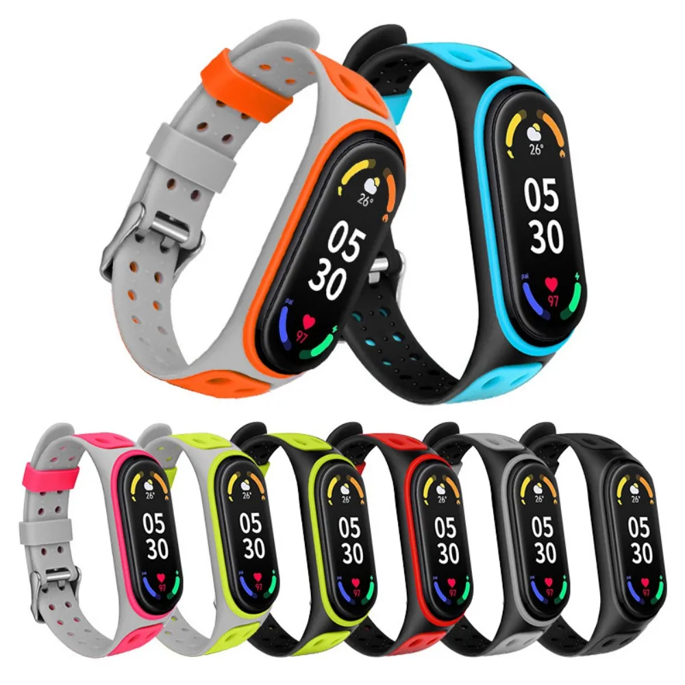 Double Buckle Breathable Soft Silicone Replacement Sport Strap For Xiaomi Mi Band 7 6 5 4 3 Straps Wristband MiBand 7 Bracelet