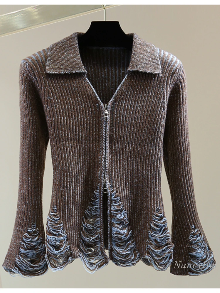 

Retro Color Matching Ripped Long Sleeves Knitwear 2023 Autumn Korean Style Irregular Zipper V-neck Flared Sleeves Cardigan Top