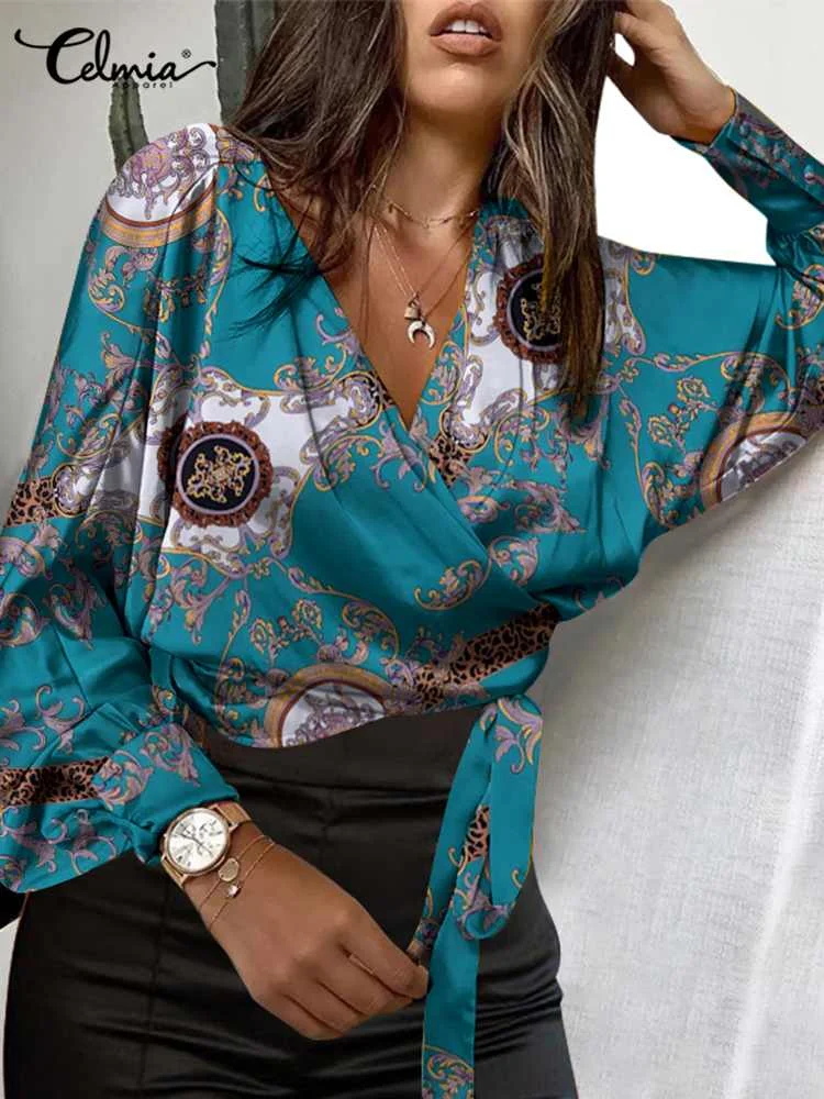 

Celmia 2022 Autumn V-neck Street Blouses Vintage Printed Tops Women Bandage Waisted Wrap Shirt Fashion Lantern Sleeve Blusas
