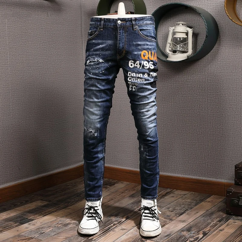 High Street Fashion Men Jeans Retro Blue Stretch Slim Fit Vintage Ripped Jeans Men Printed Designer Hip Hop Brand Pants Hombre