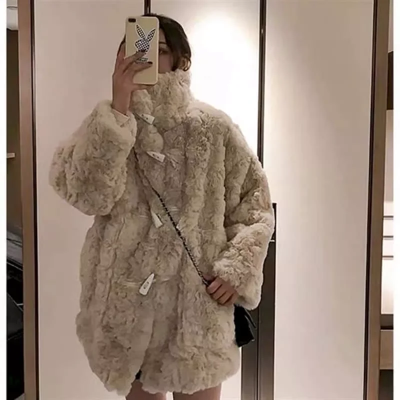 New2022 Velvet Fur Coat 2022 Fall/winter Women Stand-up Collar Midlength Elegant Horn Button Imitation Rex Rabbit Fur Padded Jac