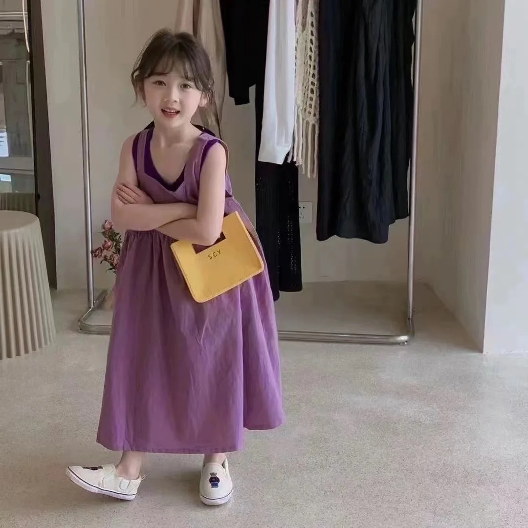

2023 Korean Summer Children Girls Dress Cotton Solid Loose Sleeveless Two-pieces Dress Pullover Breathable Toddler Girl Outfit