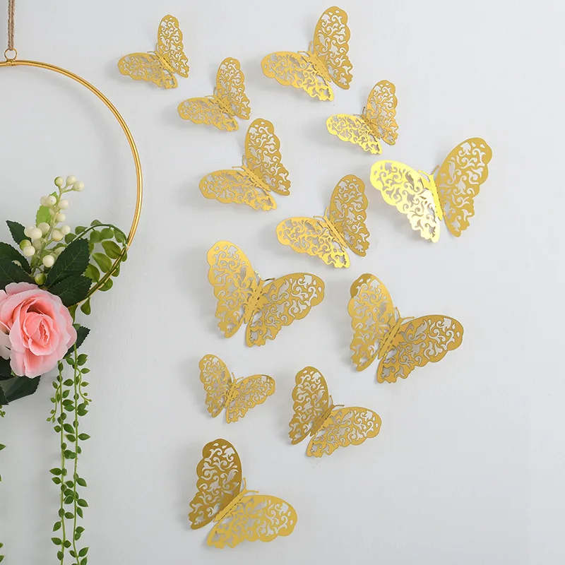 

New Durable Hot Wall Stickers Butterfly Decals Decor Gold/Silver/Rose Gold Home Kids 3D 8/10/12cm 8cm/10cm/12cm