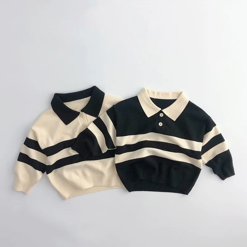 

FINEPAT Kids knitted Sweaters Striped Boys Knit Pullover Turn Down Collar Knitwear Clothes for Spring Autumn