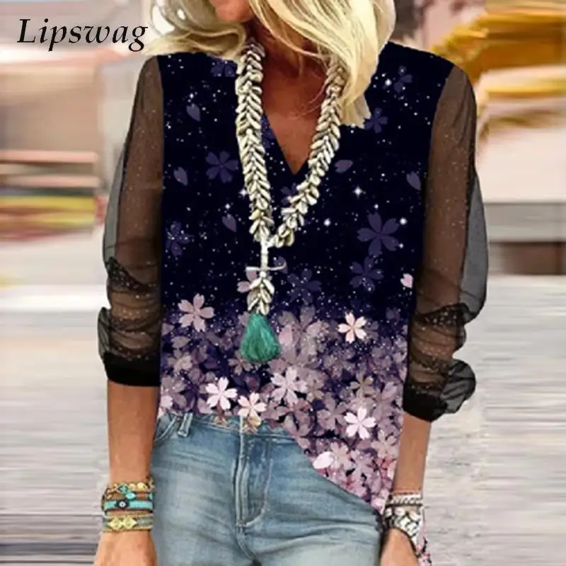 

Retro Floral Print Commuter Pullover Shirt Women Sexy V Neck Loose Tops Blusa Office Lady Elegant Mesh Long Sleeve Blouse Shirts