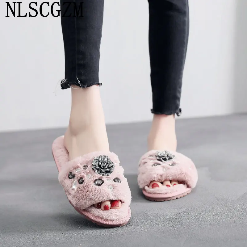 

Ladies Shoes Slippers Women Luxury Winter Shoes for Women Warm Shoes Fur Slippers Women CRYSTAL Ladies Slippers тапочки домашние
