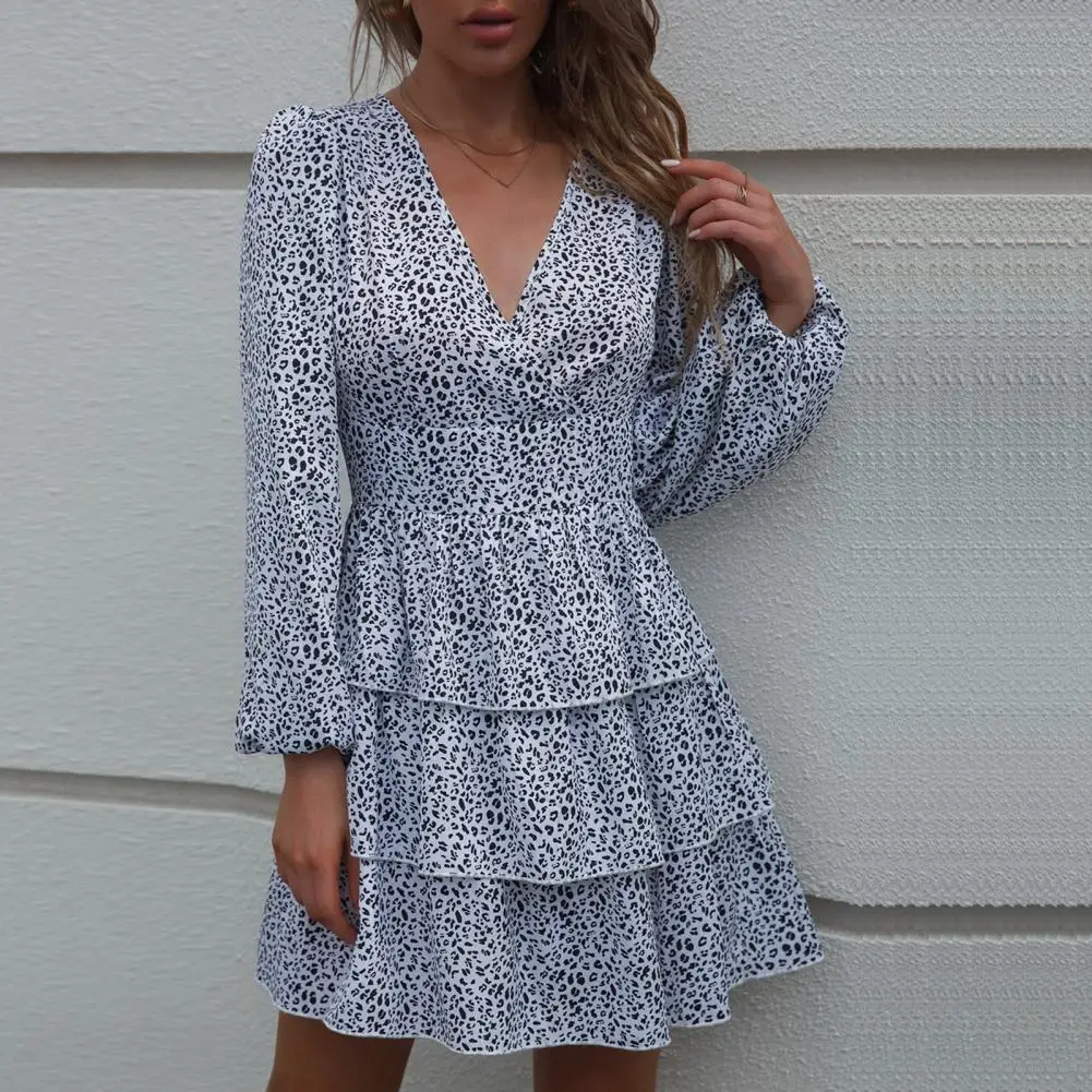 

Summer Women Dress V Neck Dot Print Waist Tight High-Waist Mini Dress Ruffle Layer Hem Puff Long Sleeves Dress Female Clothes