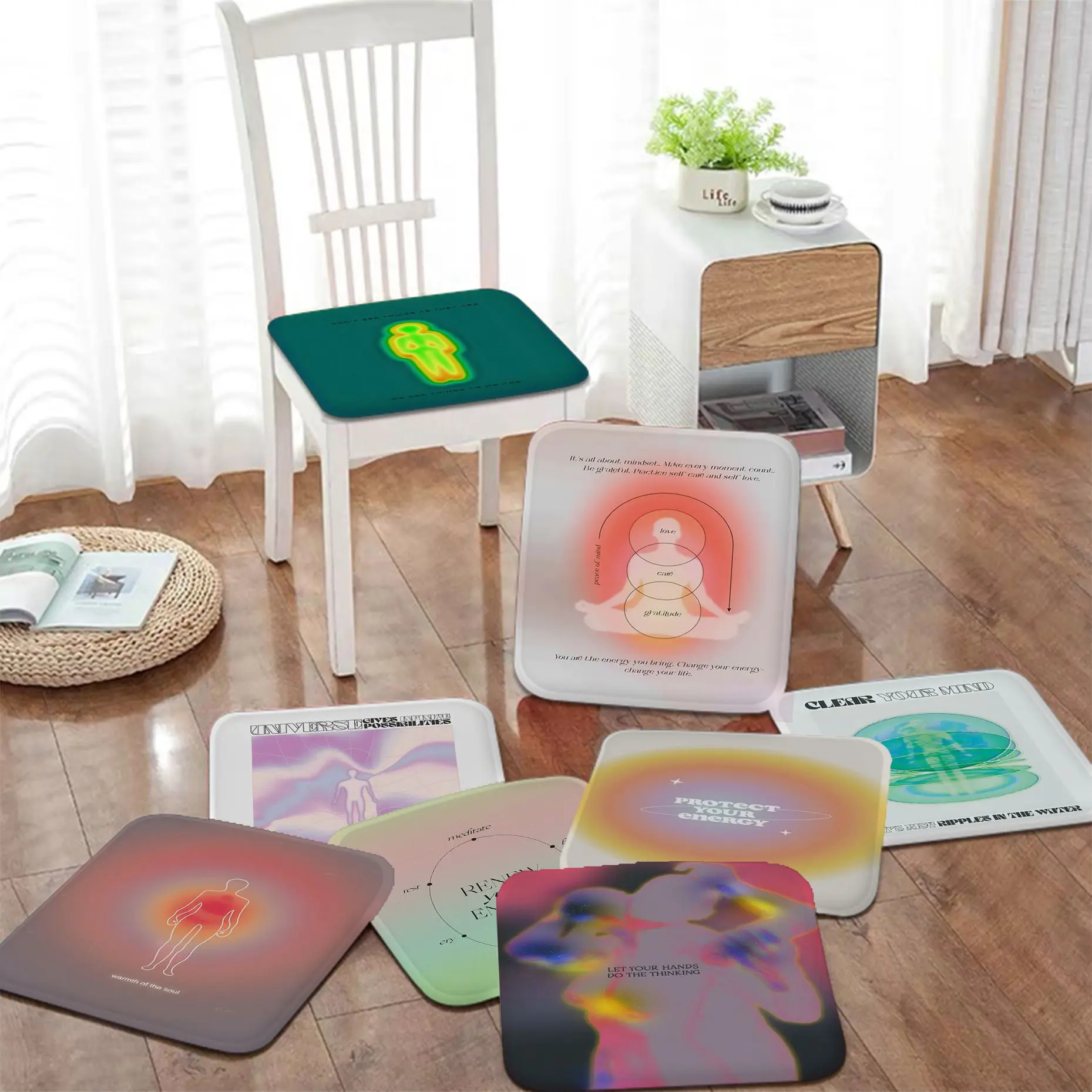 

Psychedelic 70s Grainy Gradient Spiritual Energy Meditation Art Four Seasons Seat Cushion Sponge Sofa Mat Non-Slip Seat Mat
