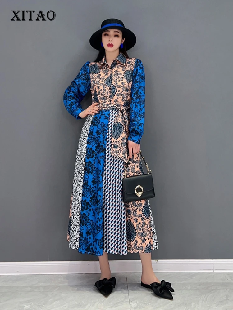 

XITAO Embroidery Pattern Dress Fashion Pleated Goddess Fan Casual Style Small Fresh Patchwork Elegant Loose Dress WMD5334