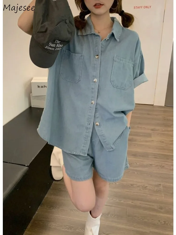 

Baggy Denim Sets Women Summer Boyfriend Vintage Pure Short-sleeve Shirts Wide Leg Simple Washed Streetwear Shorts Harajuku Daily