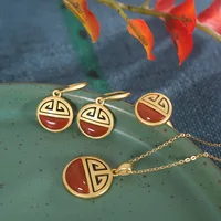 Jewelry Sets Natural Red Agate Pendant Real 925 Silver Gold Coin Earrings Drop Ring Sterling Silver Bracelet Enamel Gift