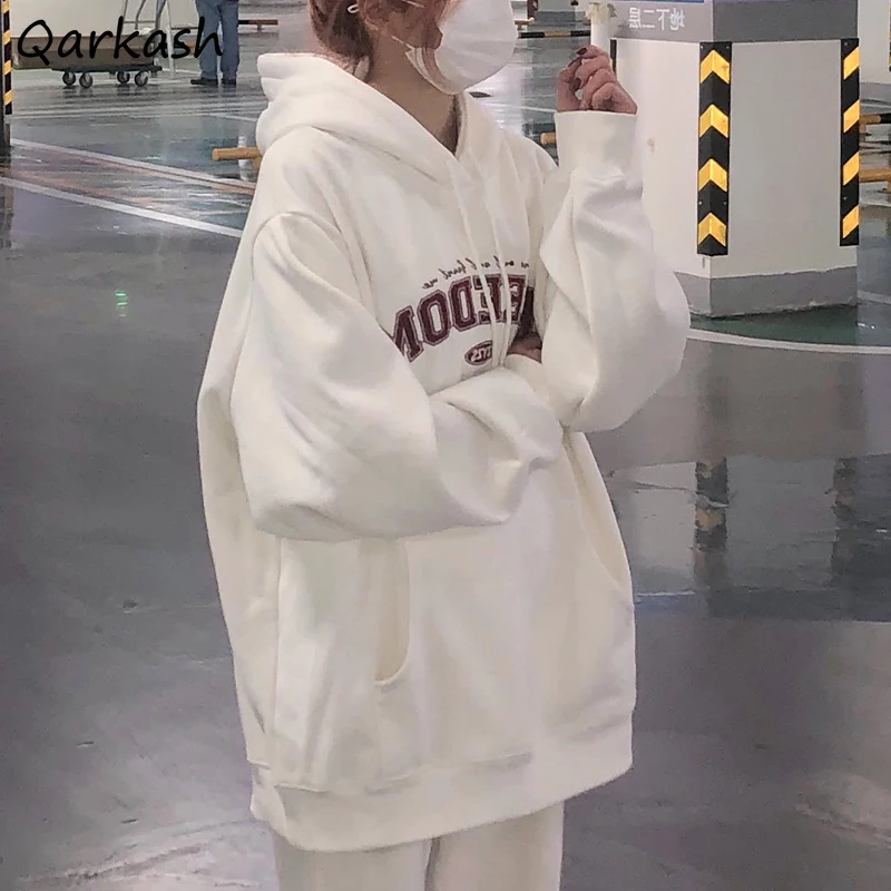 

With Hat Hoodies Women Leisure Ulzzang Ins Hot Sale Trendy Simple Loose Thicker Warm Winter Basic Design College All-match Mujer
