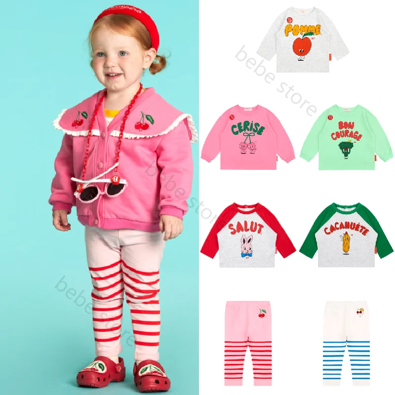 

spot 베베 2023 Spring and Summer New Children's Cartoon Cherry Broccoli Print T-shirt for Children's Korean Underlay 초등 여아 옷