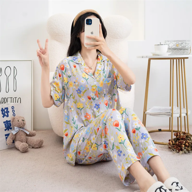 2023 New Pajamas Women Cotton Spring and Summer Plus Size Suit Thin Cartoon Printed Home Set Breathable and Leisure Sleepwear