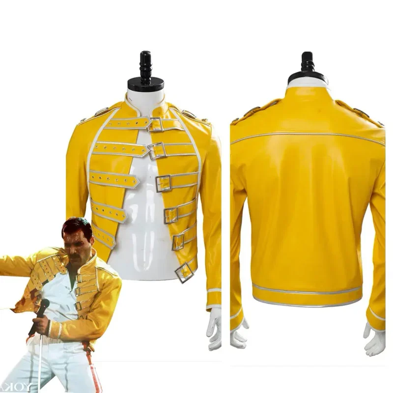 Queen Lead Vocals Freddie Mercury Cosplay Anime Costume For Adult Men Yellow Jacket Coat Halloween Carnival Party Clothes MN7
