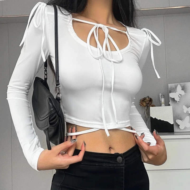 

TARUXY Folds Lace Up Shirts For Women Crop Top Long Sleeve Solid Bandage Tshirts Hot Girls 2023 Winter Sexy Slim Shirt Woman New