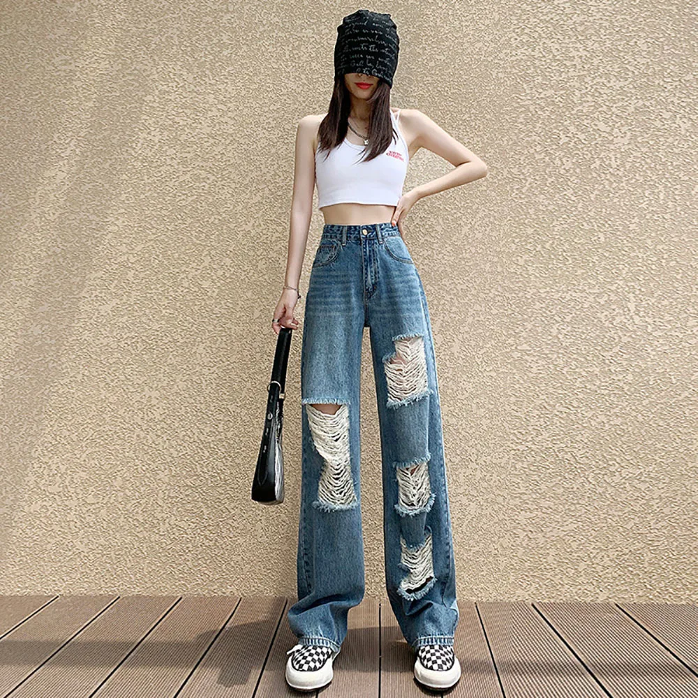 

High Waist Ripped Hole Summer Jeans Pants For Women Straight Loose Thin Material Women Summer Denim Trousers Female Jeans Pants