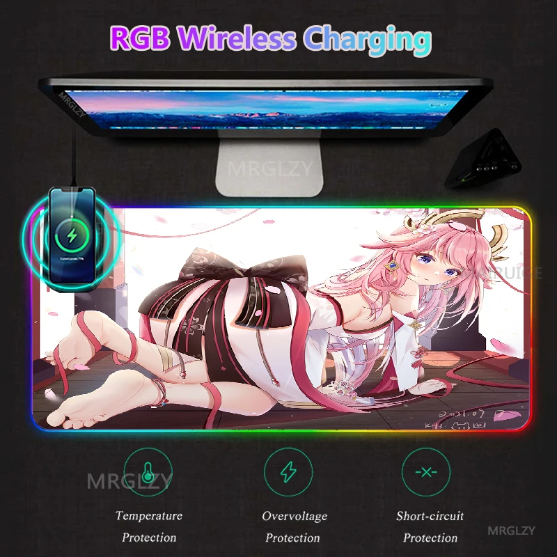 

Коврик для мыши Yae Miko RGB со светодиодной подсветкой, коврик для мыши с беспроводной зарядкой, игровые аксессуары, настольные коврики Genshin Impact ...