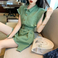 new loose high waist sashes sleeveless green playsuit women solid single brested jumpsuits indie new casual slim waist bodysuits