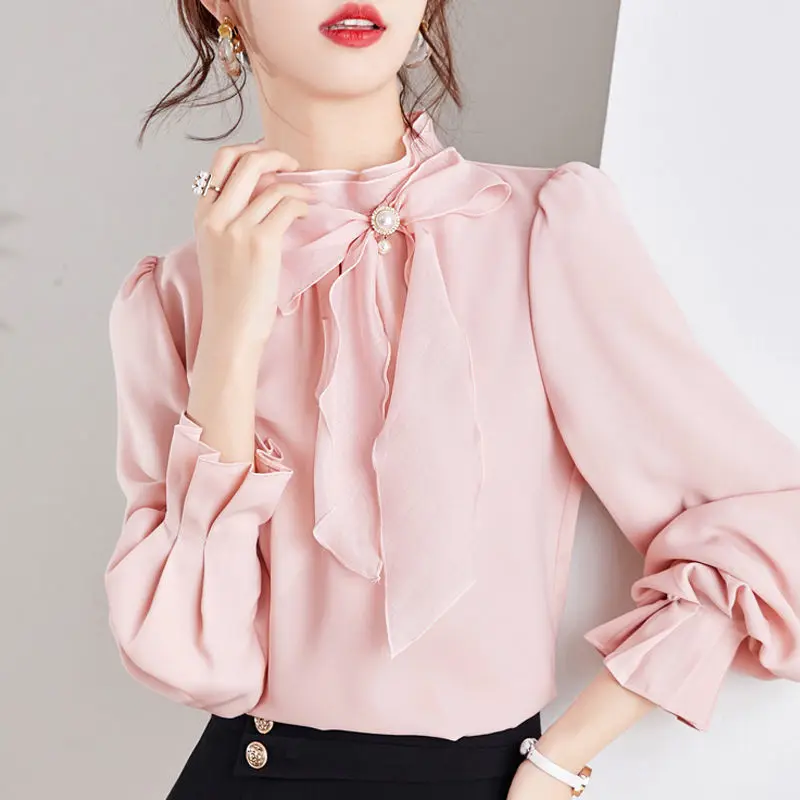 Spring New Long-sleeved Bow Shirt Pink Stand Collar Chiffon Blouse Shirt Korean Office Ladies Work Shirt Basic Female Tops