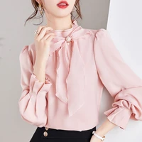 spring new long sleeved bow shirt pink stand collar chiffon blouse shirt korean office ladies work shirt basic female tops