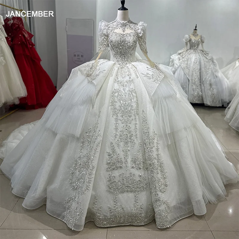 Фото Роскошные женские свадебные платья с высоким воротом на заказ, яркое свадебное платье длиной до пола, с длинными рукавами, платья принцессы de novia XS051 №1
