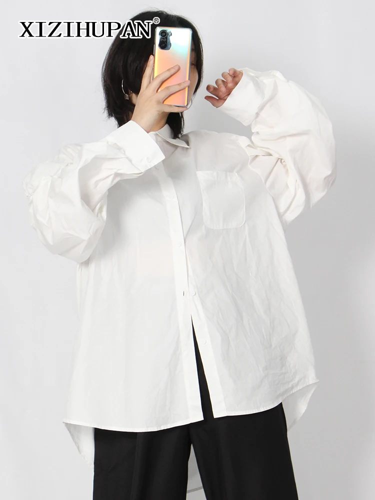 

XIZIHUPAN Loose Minimalist Solid Shirts For Women Lapel Collar Irregular Long Puff Sleeve Casual White Shirt Female Fashion New