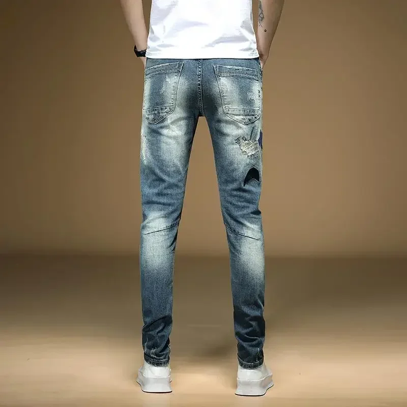 Мужские ковбойские брюки рваные Звездные с дырками джинсы для мужчин вышитые