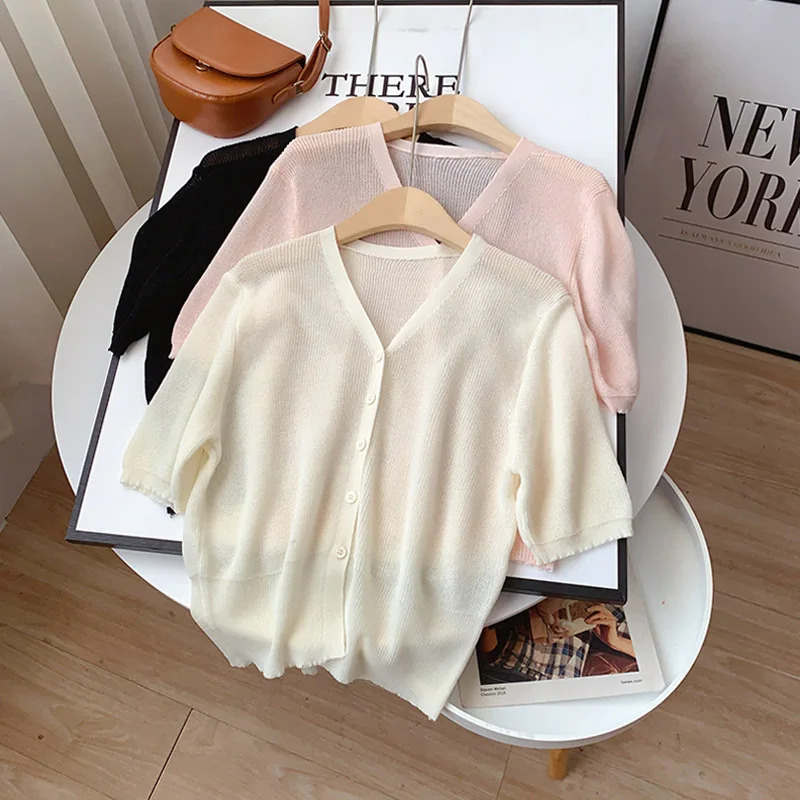 

EBAIHUI Summer Short Sleeve Crop Top Women Ice Silk Knitted T-Shirts Basic Cardigan Casual Tops Cozy Female Top Tees Solid Shirt