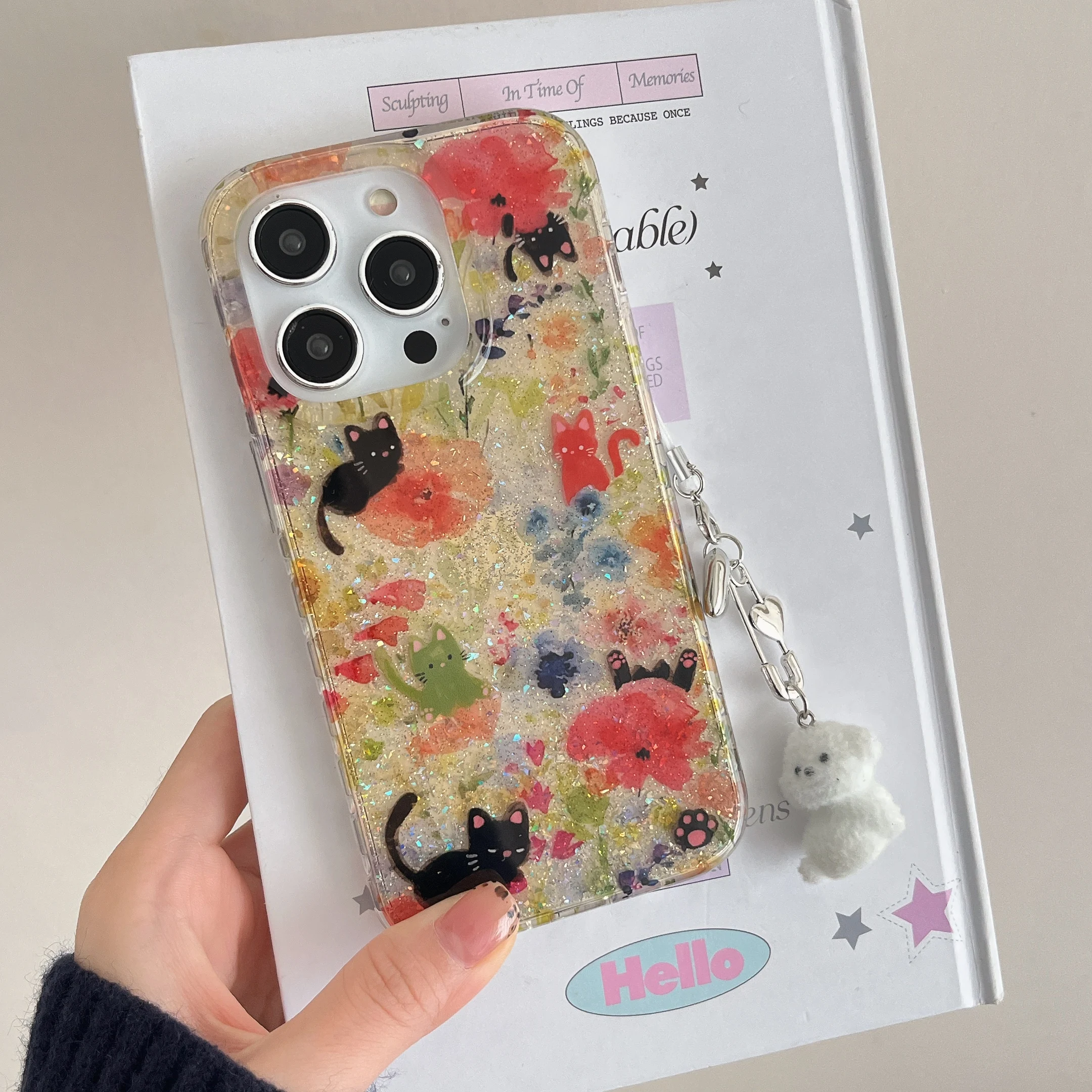 Полноэкранный чехол с подвеской в виде блесток и цветов милый мультяшный черный