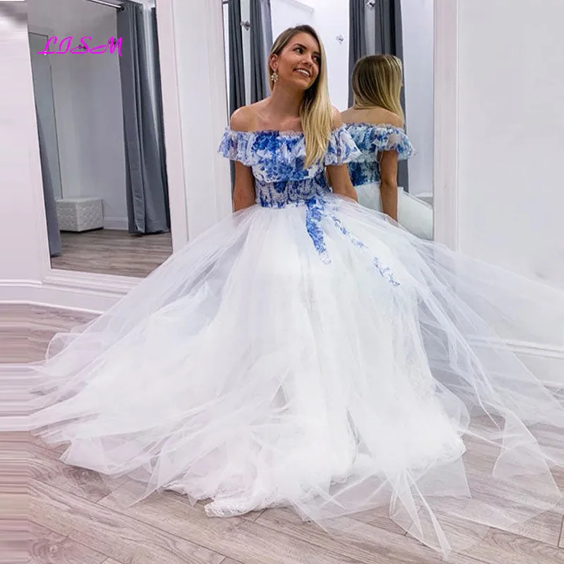 Купи White Tulle Off Shoulder Long Prom Dress A-Line Lace Floor Length Party Gowns Elegant Evening Formal Dresses за 6,510 рублей в магазине AliExpress