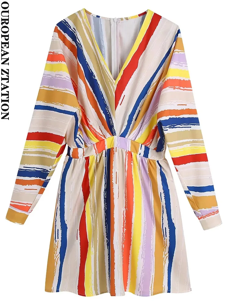 

PAILETE Women 2022 fashion color striped printed mini dress vintage long sleeve back zipper female dresses vestidos mujer