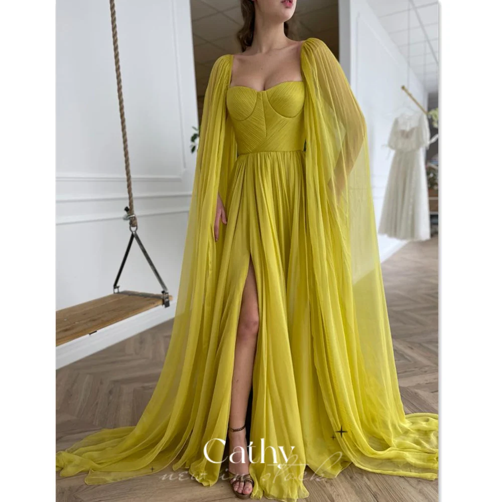 

Cathy Turmeric Evening Dress Sweetheart Robe De Soirée Cape Sleeve A-line فستان سهرة Sexy Side Split Prom Dresses 2023