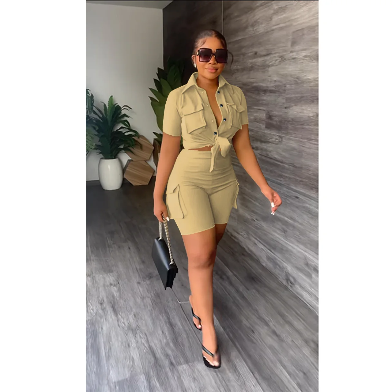 

Женский спортивный костюм-карго из 2 предметов, рубашка с коротким рукавом на шнуровке и брюки для бега, костюм с карманами, лето 2023, повседневный спортивный костюм