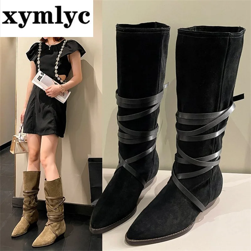 

Cavalier boots women's 2022 new retro strappy western cowboy boots pointed toe low-heeled high tube but knee-high suede boots