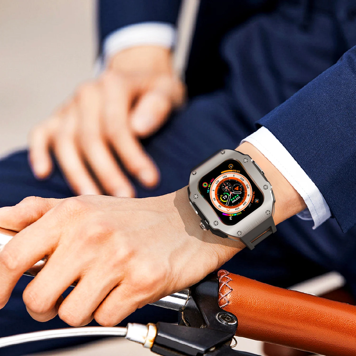 Stainless Steel Mod Case For Apple Watch Ultra 49mm Metal Modification Kit For iWatch 8 7 45mm 6 5 SE 4 44mm Rubber Sports Strap