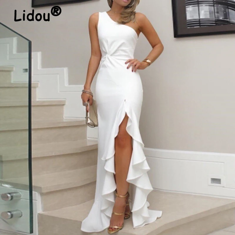 Купи Women New Elegant One Shoulder White Ruffles High Side Split Irregular Bodycon Mermaid Dress Sexy Night Evening Party Maxi Dress за 1,210 рублей в магазине AliExpress