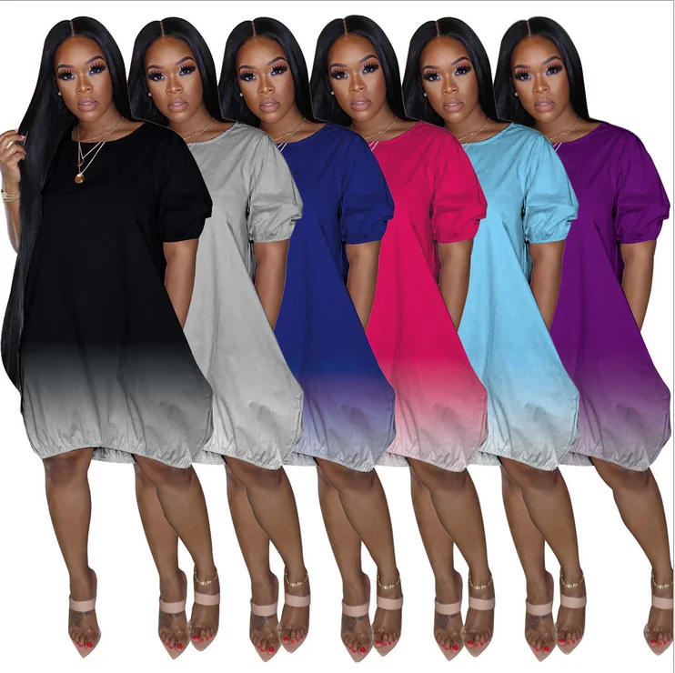 

Plus Size S-5XL Gradient Print Women Dress Sundress New 2022 Short Sleeve Rainbow Tie-Dye Loose Casual Party Mini Dress Vestidos