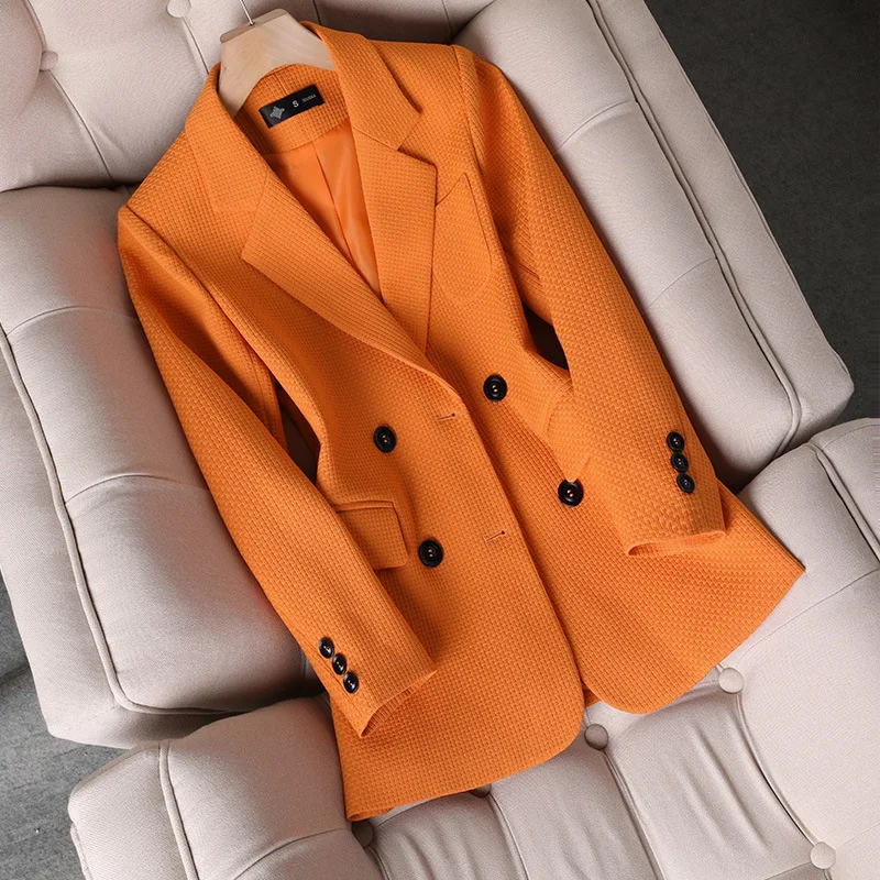Women's Formal Orange Black Green Blazer Ladies Plaid Double Breasted Work Wear Suit Jacket Coat Long Sleeve Blazer Femme