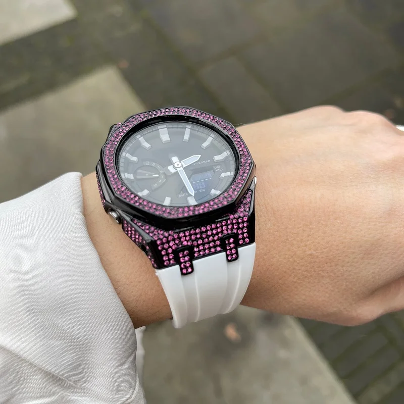 Diamond Case Rubber Strap Modification Kit for Casioak GA2100 GMAS-2100 Mod Kit Metal Steel Bezel for Casioak GA-2100/2110 Strap