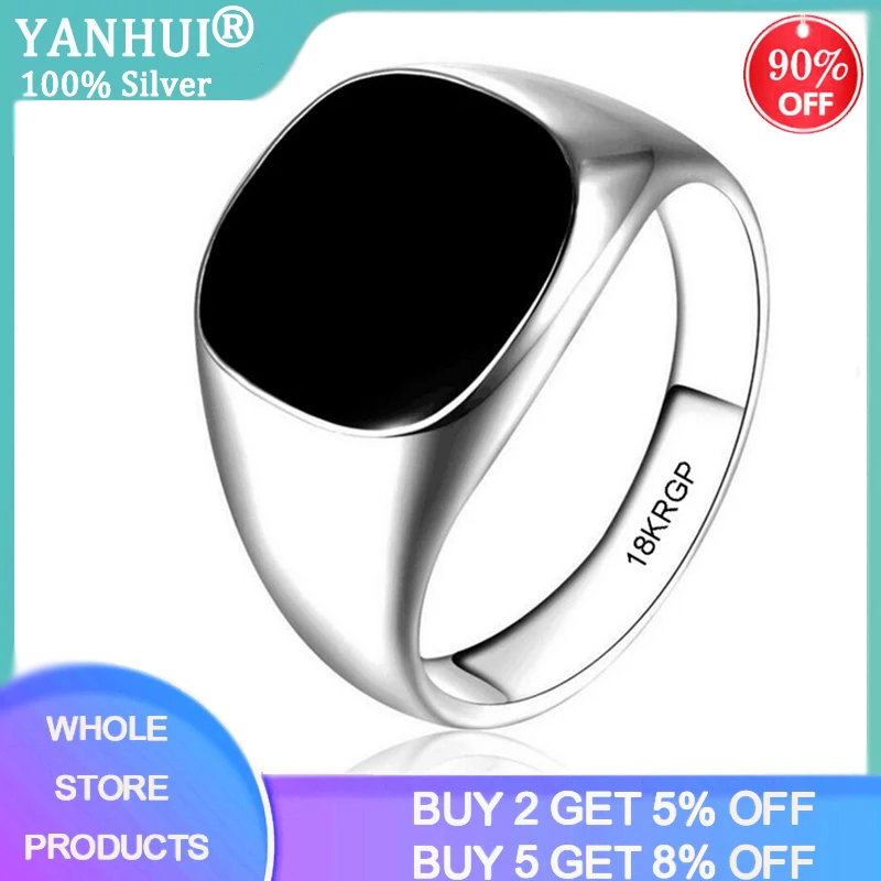 

YANHUI Luxury Big Black Onyx Rings For Men White Gold Color Punk Cool Jewelry Ring Men Accessory Gift R0378