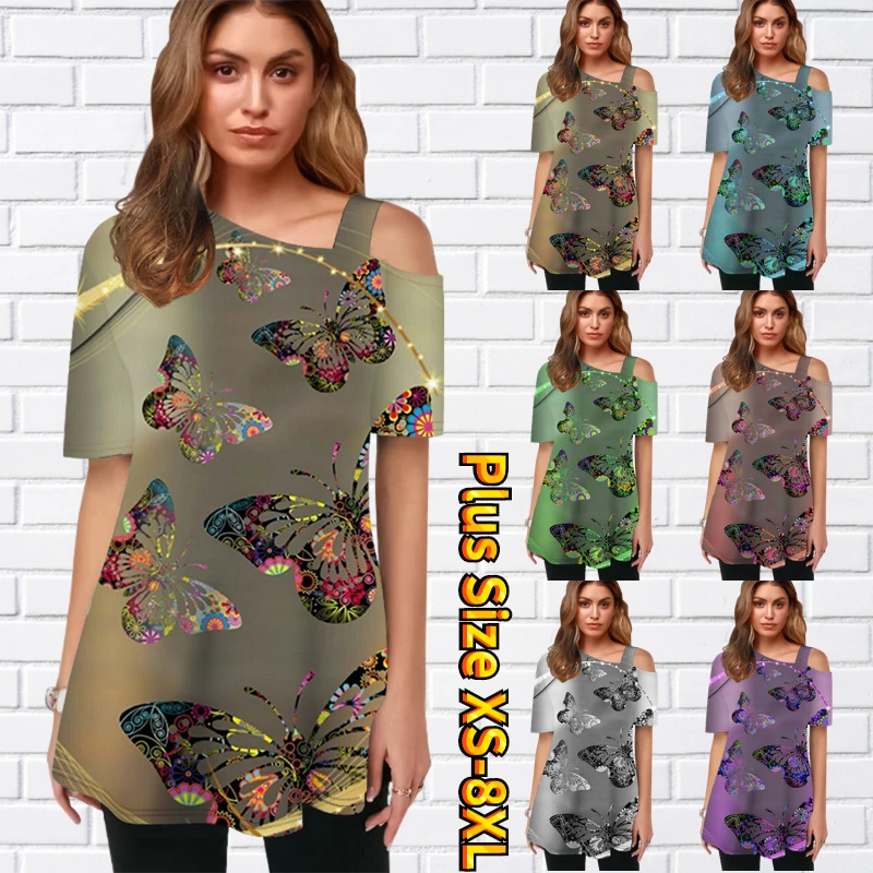 

Summer Women Butterfly Print Top Everyday Street Elegant Short Sleeve Oblique Shoulder Pullover Sexy Off-the-shoulder Tee Shirt