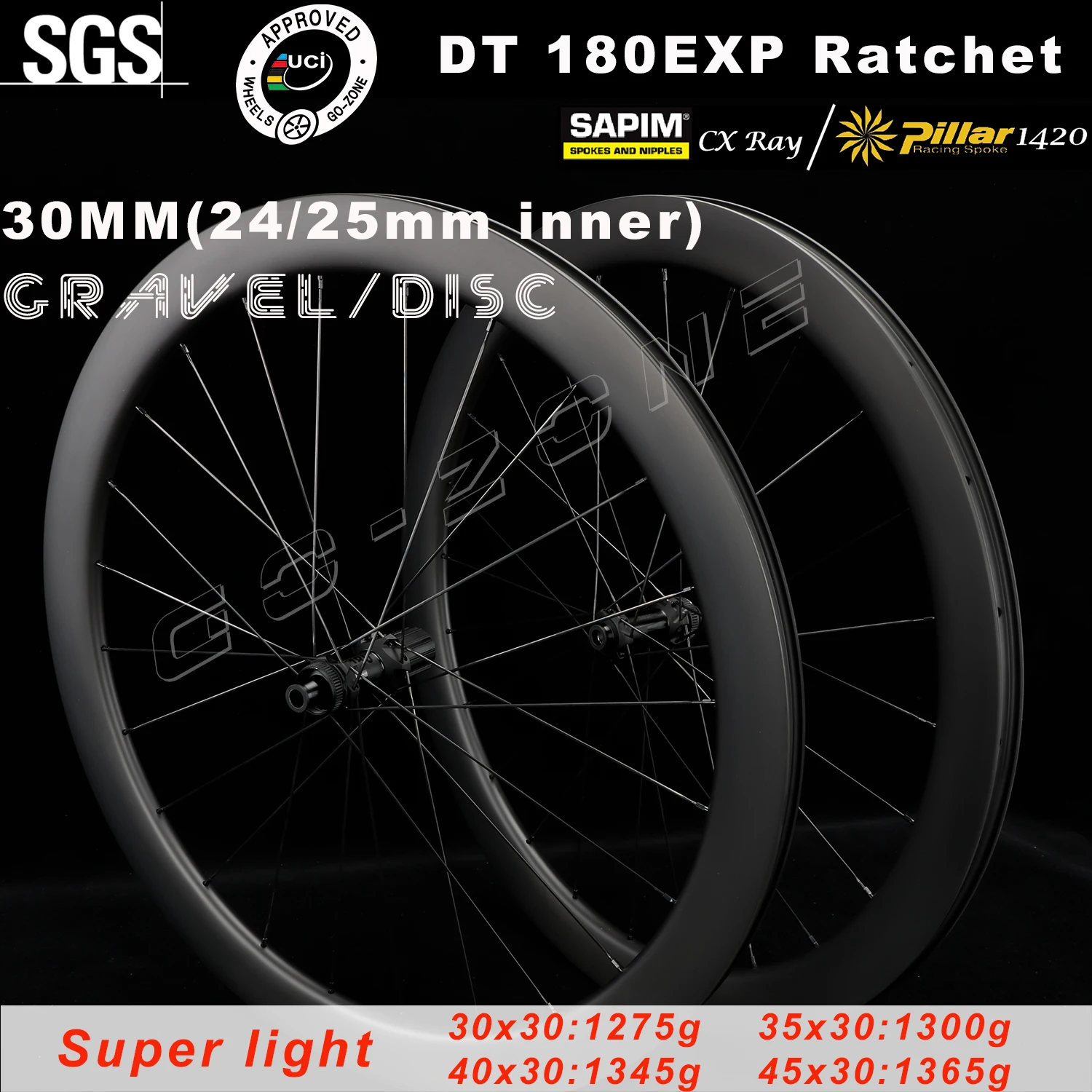 700c Гравийные 30 мм карбоновые дисковые колеса DT 180 Super Light 1275g Sapim CX Ray / Pillar 1420 Clincher