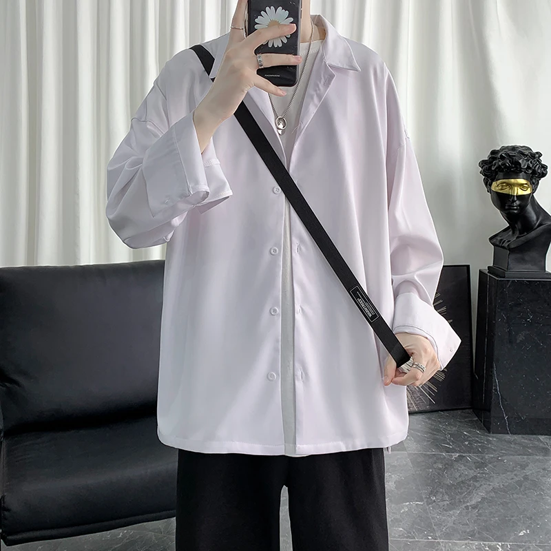 

Рубашка мужская с длинным рукавом, свободная универсальная модная однотонная куртка в Корейском стиле, однобортная блузка, уличная одежда в стиле Харадзюку