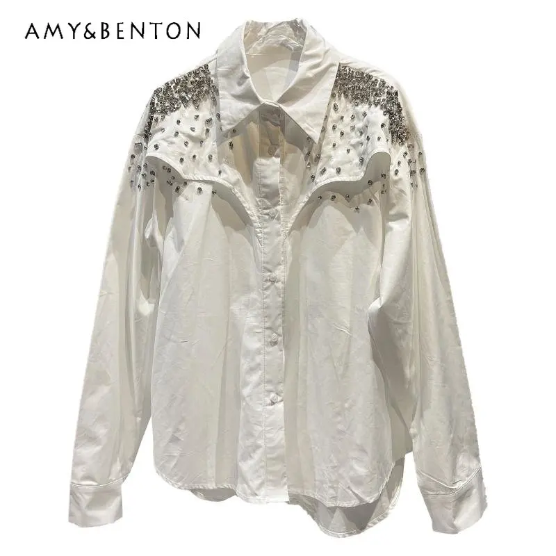 2023 Spring New Shirt Blusas Heavy Work Shoulder Large Particle Rhinestone Beaded Long Sleeve Shirts Blouse For Women's Clothing