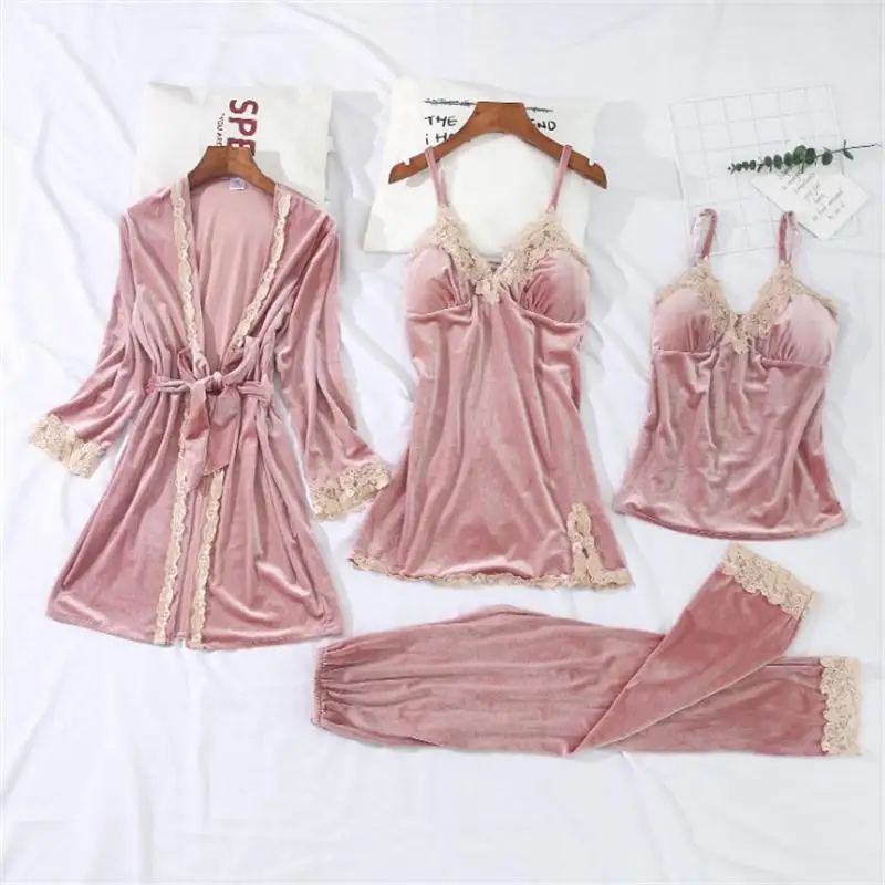 

Пикантная кружевная золотистая бархатная Пижама женские подтяжки с длинным рукавом комплект из 4 предметов нагрудная Подушка домашняя оде...